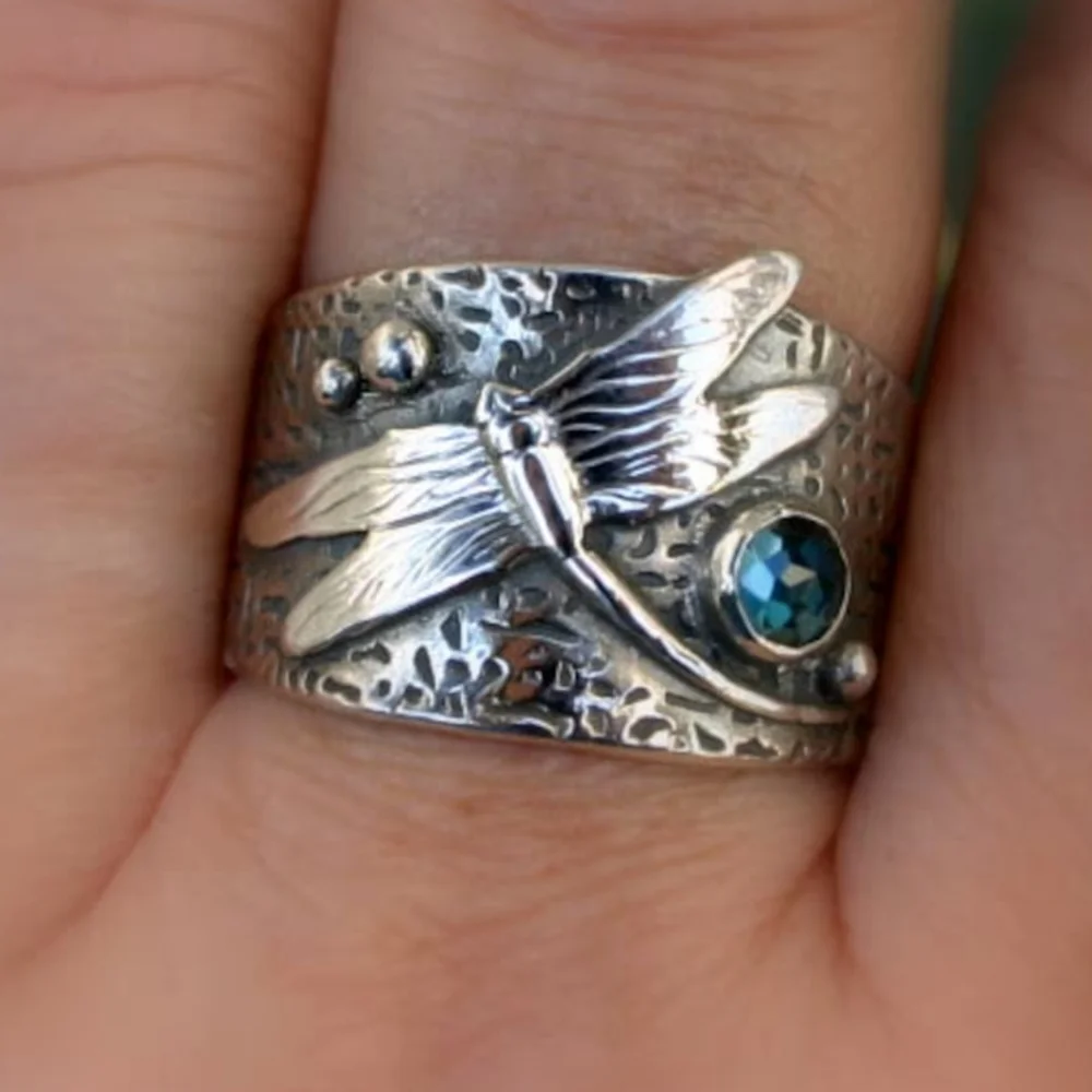 Dragonfly Blue Aquamarine Silver Ring